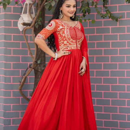 Sonakshi Women's Red Chinon Bandhrej Sequins Anarkali Gown Set with Dupatta