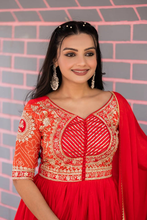Sonakshi Women's Red Chinon Bandhrej Sequins Anarkali Gown Set with Dupatta
