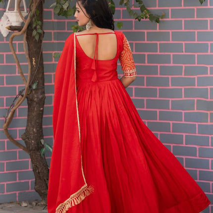 Sonakshi Women's Red Chinon Bandhrej Sequins Anarkali Gown Set with Dupatta