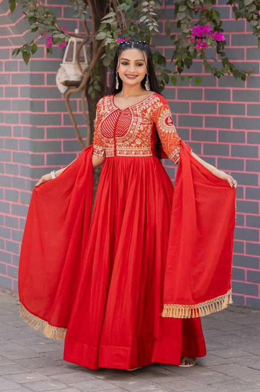 Sonakshi Women's Red Chinon Bandhrej Sequins Anarkali Gown Set with Dupatta