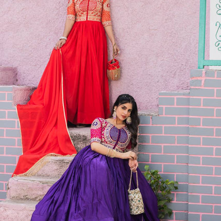 Sonakshi Women's Jamli & Red Chinon Bandhrej Sequins Anarkali Gown Set with Dupatta