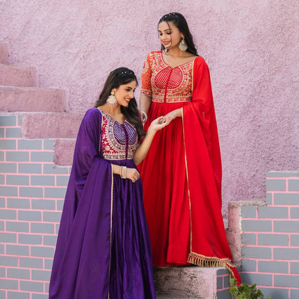 Sonakshi Women's Jamli & Red Chinon Bandhrej Sequins Anarkali Gown Set with Dupatta