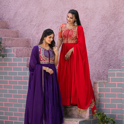 Sonakshi Women's Jamli & Red Chinon Bandhrej Sequins Anarkali Gown Set with Dupatta