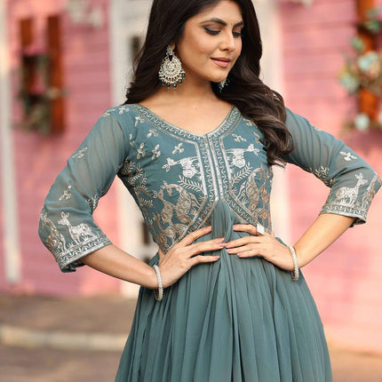 Sonakshi Women's Teal Fox Georgette Sequence Work Anarkali Gown set