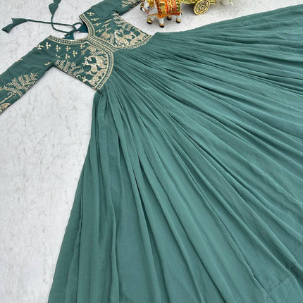 Sonakshi Women's Teal Fox Georgette Sequence Work Anarkali Gown set