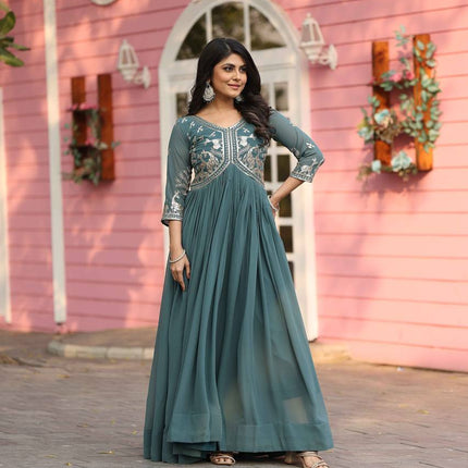 Sonakshi Women's Teal Fox Georgette Sequence Work Anarkali Gown set