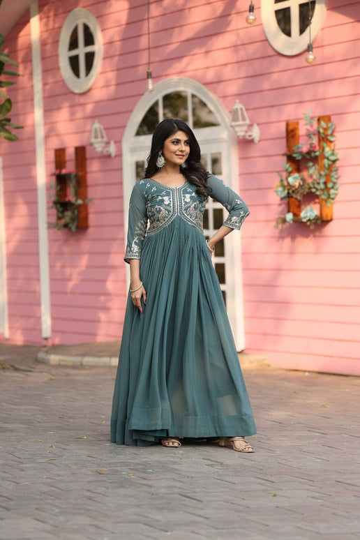 Sonakshi Women's Teal Fox Georgette Sequence Work Anarkali Gown set