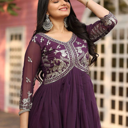 Sonakshi Women's Wine Fox Georgette Sequence Work Anarkali Gown set