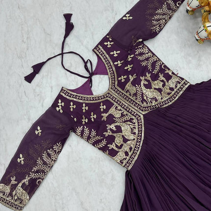 Sonakshi Women's Wine Fox Georgette Sequence Work Anarkali Gown set