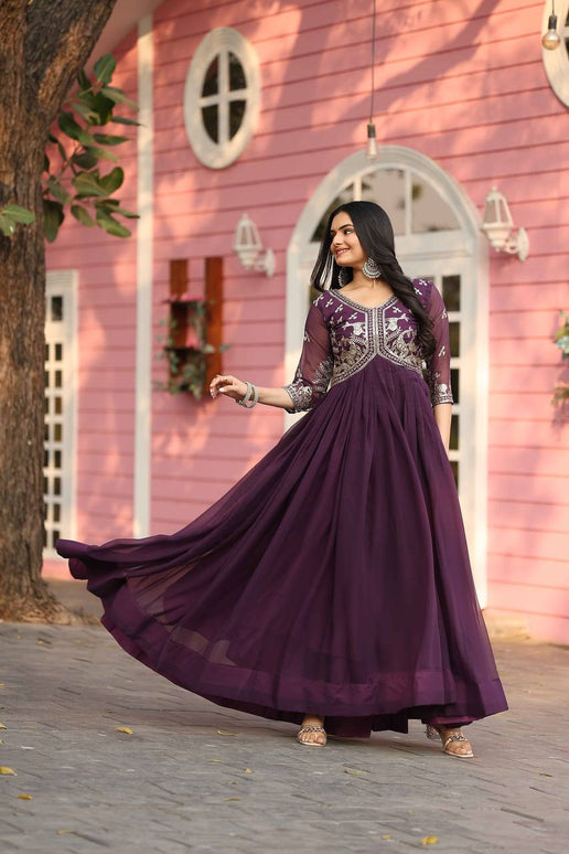Sonakshi Women's Wine Fox Georgette Sequence Work Anarkali Gown set