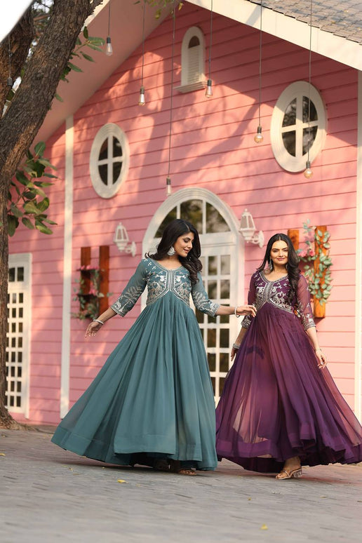 Sonakshi Women's Teal & Wine Fox Georgette Sequence Work Anarkali Gown set