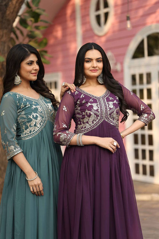 Sonakshi Women's Teal & Wine Fox Georgette Sequence Work Anarkali Gown set