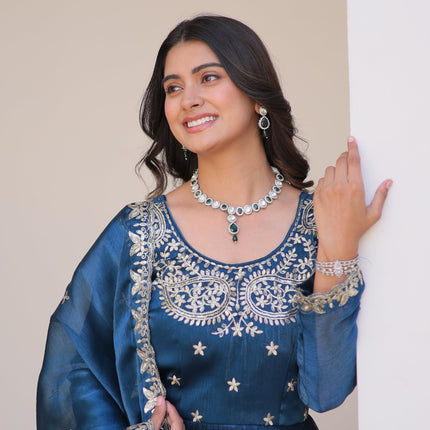 Sonakshi Women's Teal Burberry Silk sequence Embroidered Work Anarkali Gown Set With Dupatta