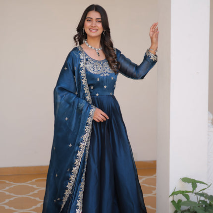 Sonakshi Women's Teal Burberry Silk sequence Embroidered Work Anarkali Gown Set With Dupatta