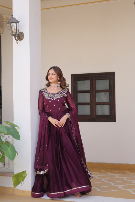 Sonakshi Women's Wine Burberry Silk sequence Embroidered Work Anarkali Gown Set With Dupatta