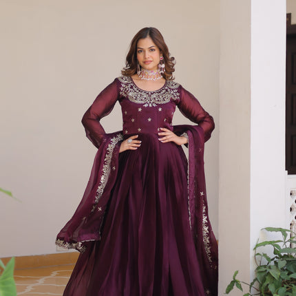 Sonakshi Women's Wine Burberry Silk sequence Embroidered Work Anarkali Gown Set With Dupatta