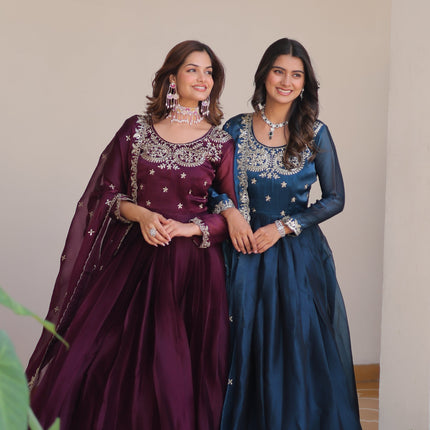 Sonakshi Women's Teal & Wine Burberry Silk Sequence Embroidered Anarkali Gown Set With Dupatta