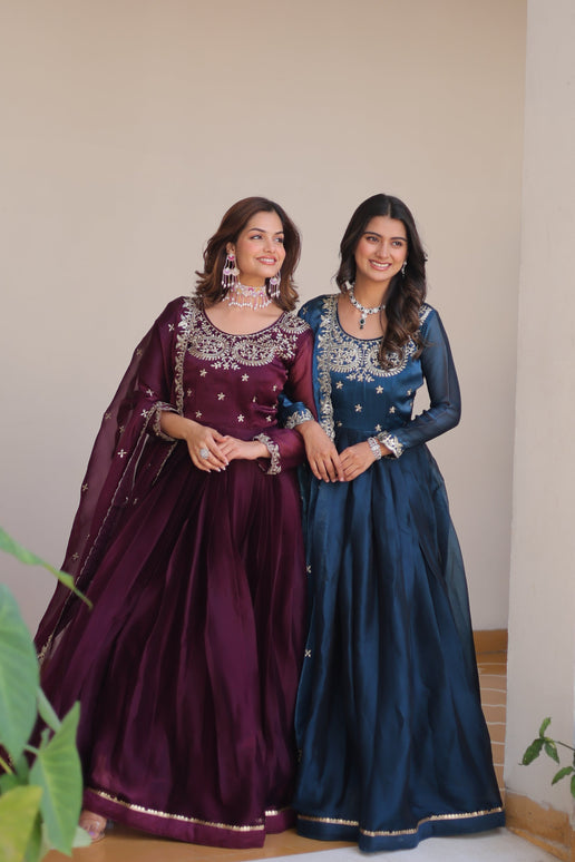 Sonakshi Women's Teal & Wine Burberry Silk Sequence Embroidered Anarkali Gown Set With Dupatta