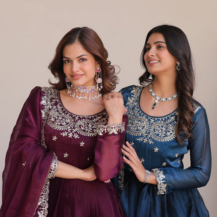 Sonakshi Women's Teal & Wine Burberry Silk Sequence Embroidered Anarkali Gown Set With Dupatta