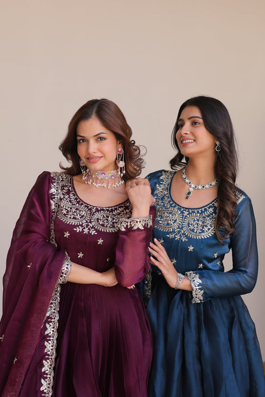 Sonakshi Women's Teal & Wine Burberry Silk Sequence Embroidered Anarkali Gown Set With Dupatta