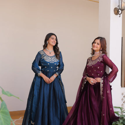 Sonakshi Women's Teal & Wine Burberry Silk Sequence Embroidered Anarkali Gown Set With Dupatta