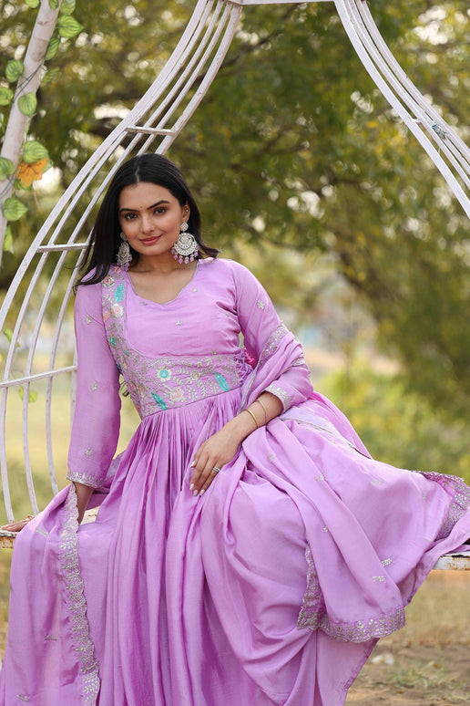 Sonakshi Women's Lavender Chinon Thread Sequence Anarkali Gown Set With Dupatta
