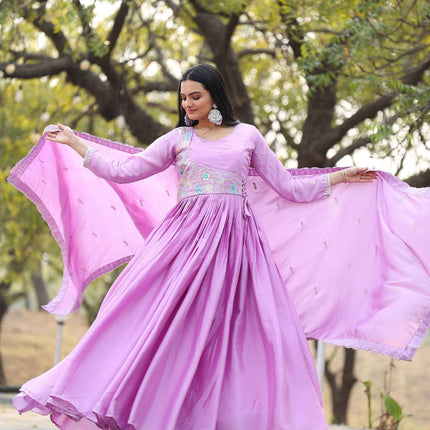 Sonakshi Women's Lavender Chinon Thread Sequence Anarkali Gown Set With Dupatta
