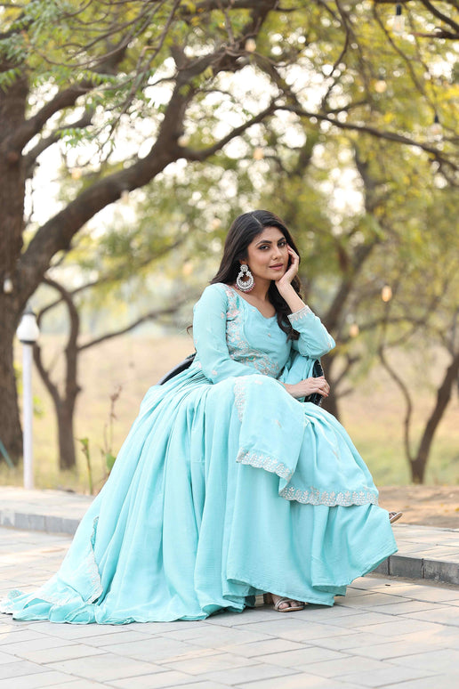 Sonakshi Women's Sky Chinon Thread Sequence Anarkali Gown Set With Dupatta