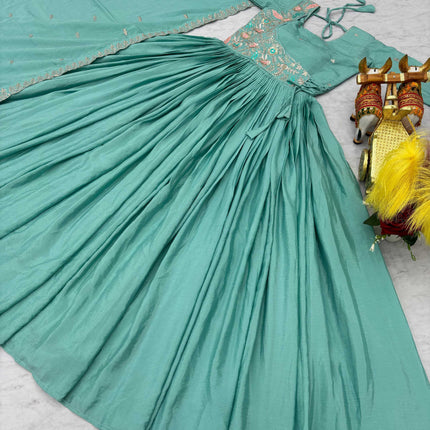 Sonakshi Women's Sky Chinon Thread Sequence Anarkali Gown Set With Dupatta