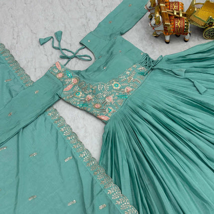 Sonakshi Women's Sky Chinon Thread Sequence Anarkali Gown Set With Dupatta