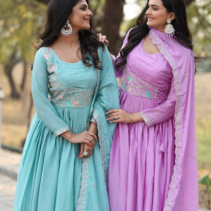 Sonakshi Women's Lavender & Sky Pure Chinon Thread sequence Work Anarkali Gown Set With Dupatta