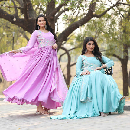 Sonakshi Women's Lavender & Sky Pure Chinon Thread sequence Work Anarkali Gown Set With Dupatta