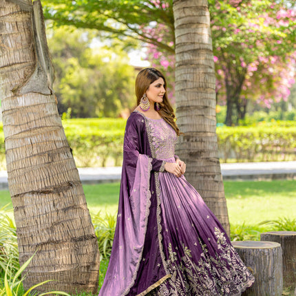 Sonakshi Women's Grey Peding Chinon Sequence Embroidered Anarkali Gown Set With Dupatta