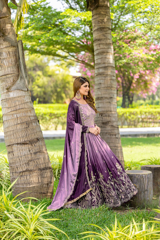 Sonakshi Women's Grey Peding Chinon Sequence Embroidered Anarkali Gown Set With Dupatta