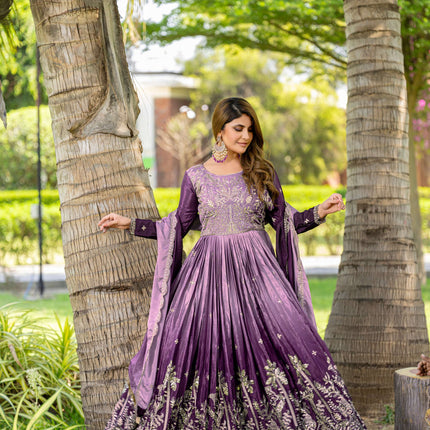 Sonakshi Women's Grey Peding Chinon Sequence Embroidered Anarkali Gown Set With Dupatta