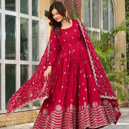 Sonakshi Women's Rani Vichitra Silk Sequence Embroidered Anarkali Gown Set With Dupatta