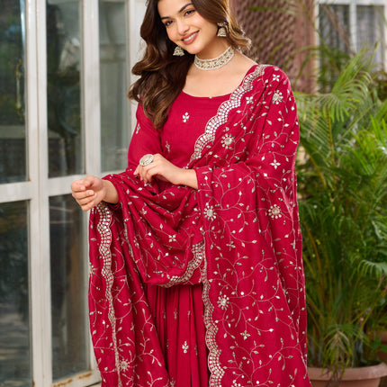 Sonakshi Women's Rani Vichitra Silk Sequence Embroidered Anarkali Gown Set With Dupatta