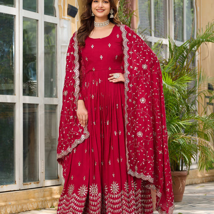 Sonakshi Women's Rani Vichitra Silk Sequence Embroidered Anarkali Gown Set With Dupatta