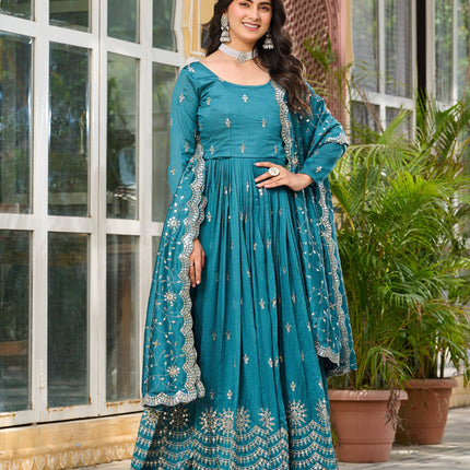 Sonakshi Women's Teal Vichitra Silk Sequence Embroidered Anarkali Gown Set With Dupatta