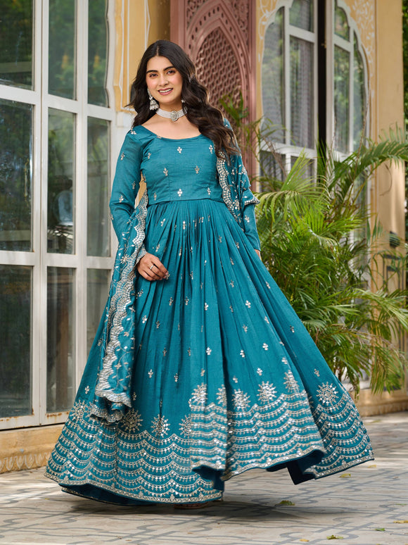 Sonakshi Women's Teal Vichitra Silk Sequence Embroidered Anarkali Gown Set With Dupatta