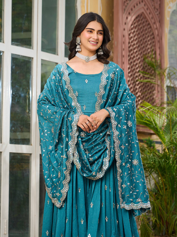 Sonakshi Women's Teal Vichitra Silk Sequence Embroidered Anarkali Gown Set With Dupatta