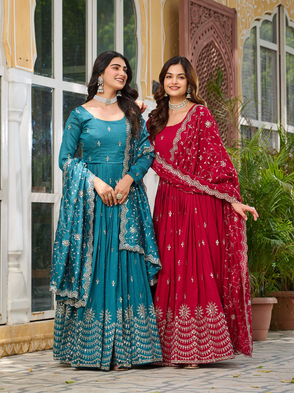 Sonakshi Women's Rani & Teal Vichitra Silk Sequence Embroidered Anarkali Gown Set With Dupatta