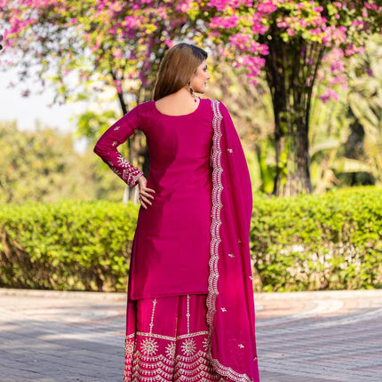 Sonakshi Women's Rani Chinon Thread & Sequence Embroidered Kurta Plazo Set with Dupatta