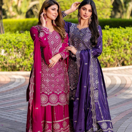 Sonakshi Women's Rani & Jamli Chinon Thread Sequence Embroidered Kurta Plazo Set With Dupatta