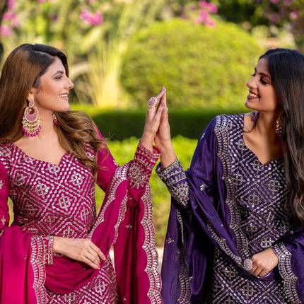 Sonakshi Women's Rani & Jamli Chinon Thread Sequence Embroidered Kurta Plazo Set With Dupatta