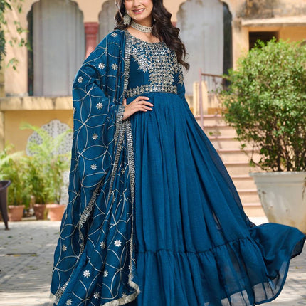 Sonakshi Women's Rama Vichitra Silk Sequence Embroidered Work Anarkali Gown Set With Dupatta