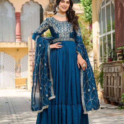 Sonakshi Women's Rama Vichitra Silk Sequence Embroidered Work Anarkali Gown Set With Dupatta