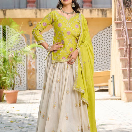 Sonakshi Women's Yellow Chinon Thread Embroidered Cording Sequence Lehenga Set With Dupatta