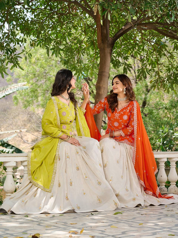 Sonakshi Women's Yellow & Fenta Chinon Thread Embroidered Cording Sequence Lehenga Set With Dupatta