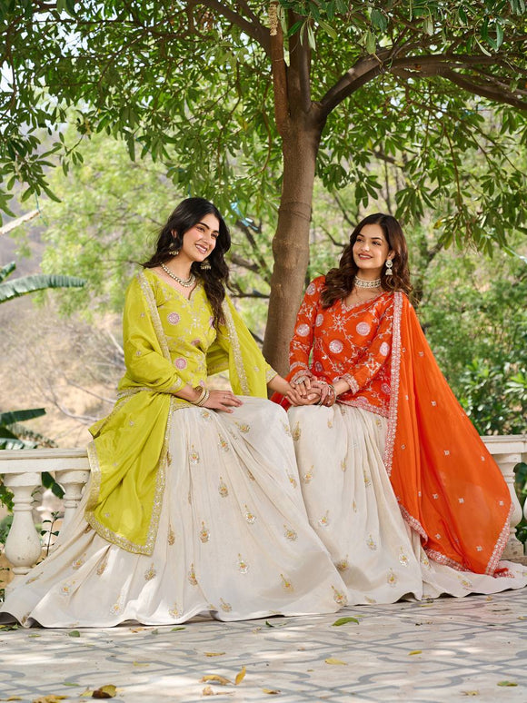Sonakshi Women's Yellow & Fenta Chinon Thread Embroidered Cording Sequence Lehenga Set With Dupatta